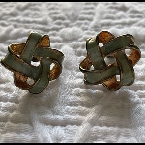 Teal and gold bow earrings